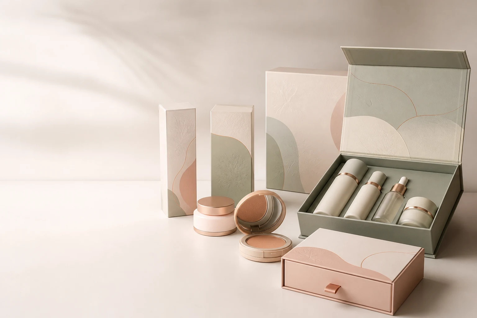 Custom cosmetic packaging boxes with skincare bottles, cream jars and makeup products