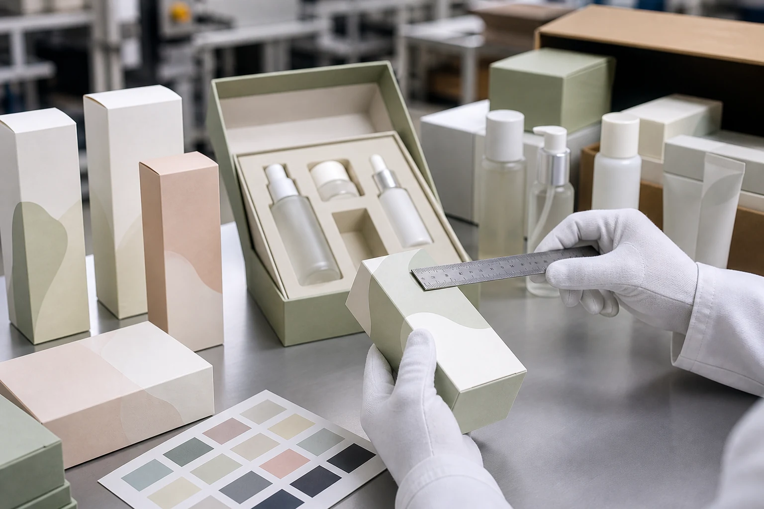 Factory quality control inspection of custom cosmetic packaging boxes and fitted inserts