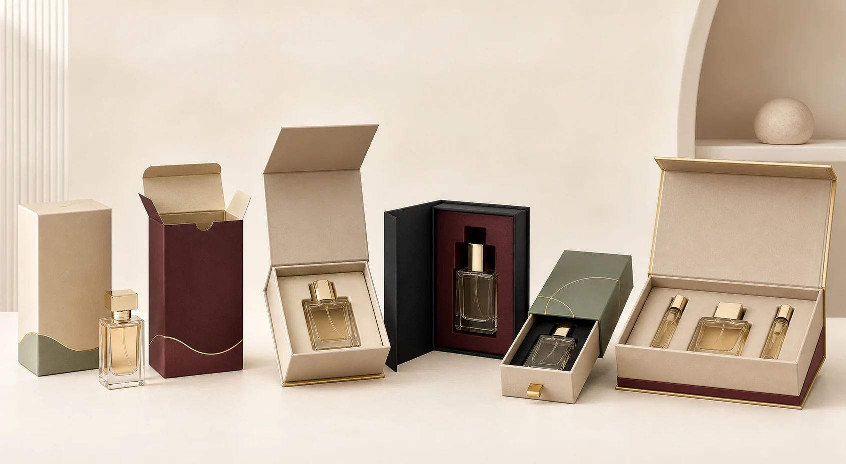 Lineup of folding carton, rigid, magnetic and drawer perfume packaging box formats
