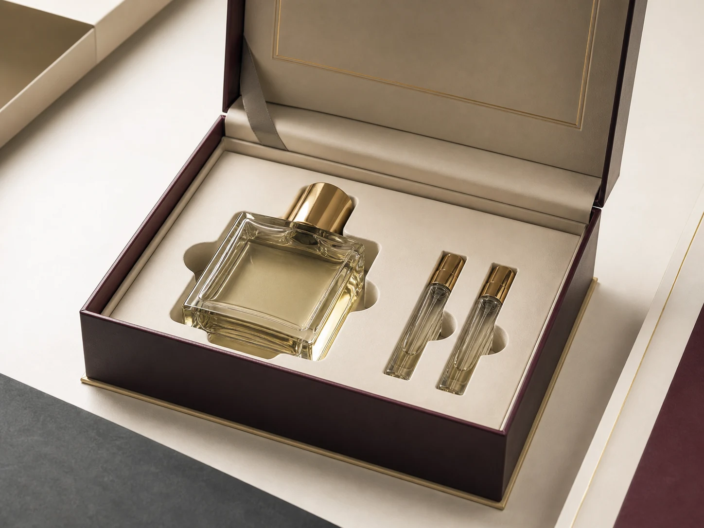 Custom perfume presentation box with fitted insert for a fragrance bottle and discovery vials