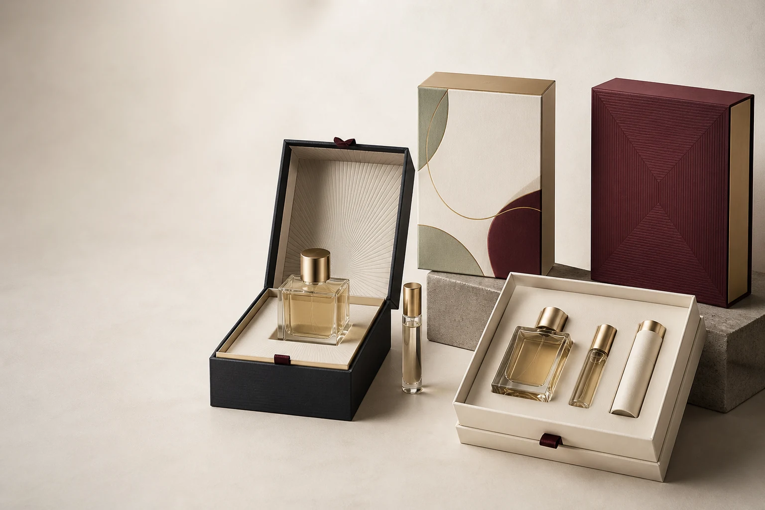 Custom perfume packaging boxes with fragrance bottles and gift set inserts