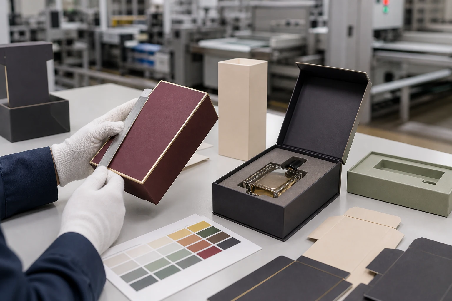 Factory quality control inspection of custom perfume packaging boxes and fitted bottle inserts