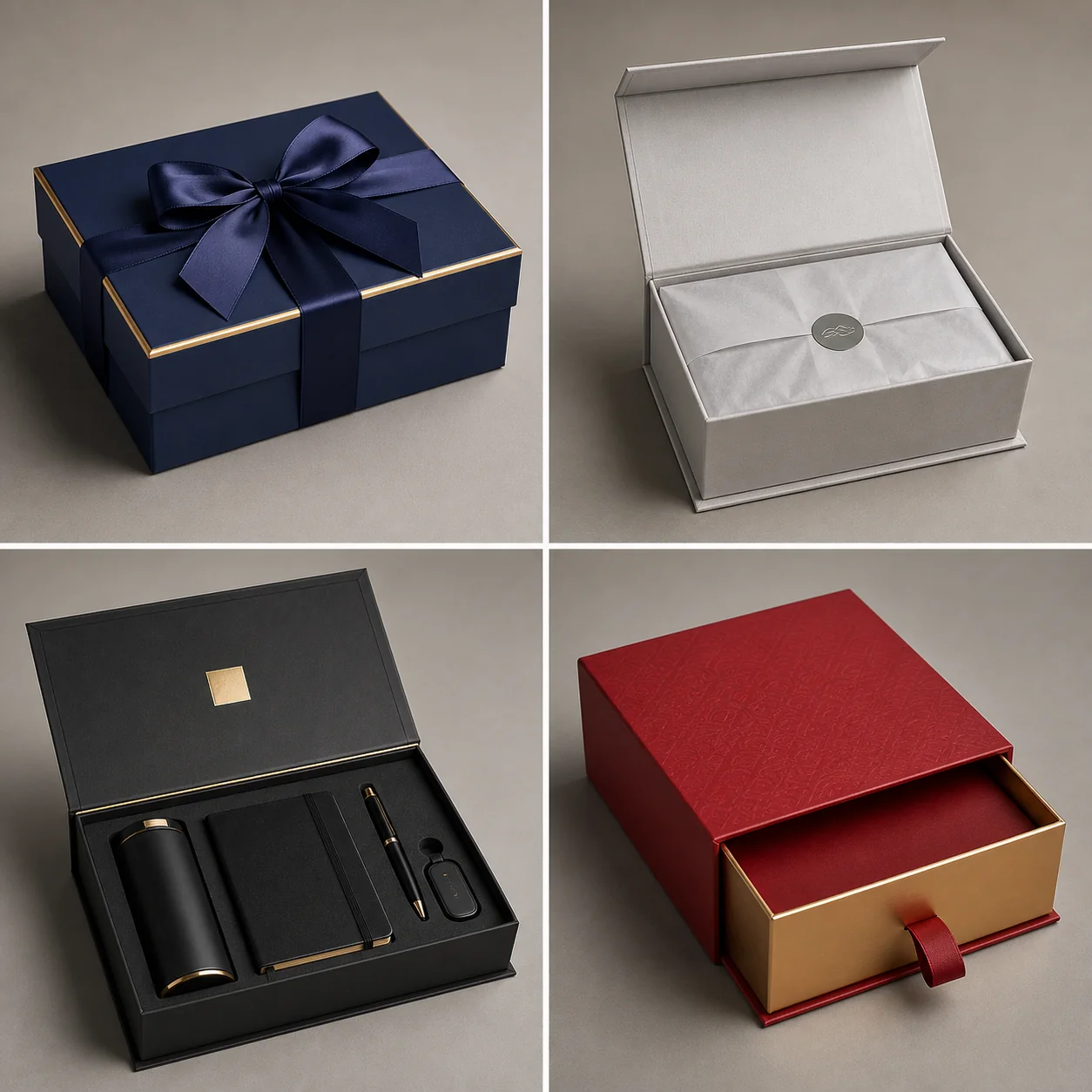 Custom paper gift boxes in several presentation styles